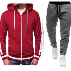 Clearance OUKU Men's Tracksuit Sweatsuit Zip Hoodie Sweatshirt Hoodie Jacket Jogging Suits Red & Black Black+Light Grey Dark Grey+Light Grey Red+Light Grey Red+Dark Grey Hooded Color Block Drawstring 2 Piece Sports