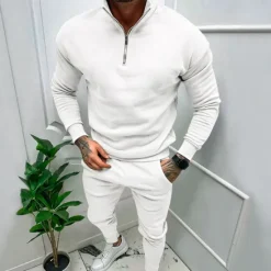 Online OUKU Men's Tracksuit Sweatsuit Quarter Zip Sweatshirt Apricot Black White Red Light Grey Standing Collar Plain 2 Piece Sports & Outdoor Daily Holiday Streetwear Basic Casual Fall & Winter Clothing Apparel