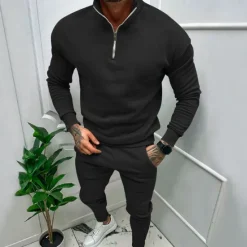 Online OUKU Men's Tracksuit Sweatsuit Quarter Zip Sweatshirt Apricot Black White Red Light Grey Standing Collar Plain 2 Piece Sports & Outdoor Daily Holiday Streetwear Basic Casual Fall & Winter Clothing Apparel