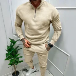 Online OUKU Men's Tracksuit Sweatsuit Quarter Zip Sweatshirt Apricot Black White Red Light Grey Standing Collar Plain 2 Piece Sports & Outdoor Daily Holiday Streetwear Basic Casual Fall & Winter Clothing Apparel