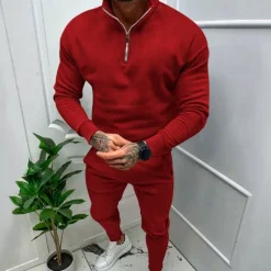 Online OUKU Men's Tracksuit Sweatsuit Quarter Zip Sweatshirt Apricot Black White Red Light Grey Standing Collar Plain 2 Piece Sports & Outdoor Daily Holiday Streetwear Basic Casual Fall & Winter Clothing Apparel