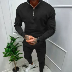 Online OUKU Men's Tracksuit Sweatsuit Quarter Zip Sweatshirt Apricot Black White Red Light Grey Standing Collar Plain 2 Piece Sports & Outdoor Daily Holiday Streetwear Basic Casual Fall & Winter Clothing Apparel