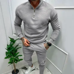Online OUKU Men's Tracksuit Sweatsuit Quarter Zip Sweatshirt Apricot Black White Red Light Grey Standing Collar Plain 2 Piece Sports & Outdoor Daily Holiday Streetwear Basic Casual Fall & Winter Clothing Apparel