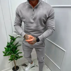 Online OUKU Men's Tracksuit Sweatsuit Quarter Zip Sweatshirt Apricot Black White Red Light Grey Standing Collar Plain 2 Piece Sports & Outdoor Daily Holiday Streetwear Basic Casual Fall & Winter Clothing Apparel