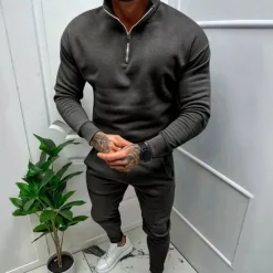 Online OUKU Men's Tracksuit Sweatsuit Quarter Zip Sweatshirt Apricot Black White Red Light Grey Standing Collar Plain 2 Piece Sports & Outdoor Daily Holiday Streetwear Basic Casual Fall & Winter Clothing Apparel