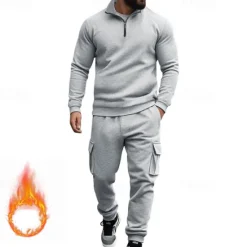 Online OUKU Men's Tracksuit Sweatsuit Quarter Zip Sweatshirt Apricot Black White Wine Red Half Zip Plain 2 Piece Sports & Outdoor Daily Holiday Polyester Streetwear Basic Casual Fall & Winter Clothing Apparel