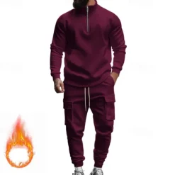 Online OUKU Men's Tracksuit Sweatsuit Quarter Zip Sweatshirt Apricot Black White Wine Red Half Zip Plain 2 Piece Sports & Outdoor Daily Holiday Polyester Streetwear Basic Casual Fall & Winter Clothing Apparel