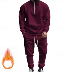Online OUKU Men's Tracksuit Sweatsuit Quarter Zip Sweatshirt Apricot Black White Wine Red Half Zip Plain 2 Piece Sports & Outdoor Daily Holiday Polyester Streetwear Basic Casual Fall & Winter Clothing Apparel