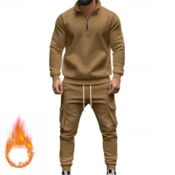Online OUKU Men's Tracksuit Sweatsuit Quarter Zip Sweatshirt Apricot Black White Wine Red Half Zip Plain 2 Piece Sports & Outdoor Daily Holiday Polyester Streetwear Basic Casual Fall & Winter Clothing Apparel