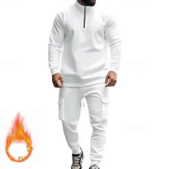 Online OUKU Men's Tracksuit Sweatsuit Quarter Zip Sweatshirt Apricot Black White Wine Red Half Zip Plain 2 Piece Sports & Outdoor Daily Holiday Polyester Streetwear Basic Casual Fall & Winter Clothing Apparel