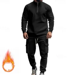 Online OUKU Men's Tracksuit Sweatsuit Quarter Zip Sweatshirt Apricot Black White Wine Red Half Zip Plain 2 Piece Sports & Outdoor Daily Holiday Polyester Streetwear Basic Casual Fall & Winter Clothing Apparel