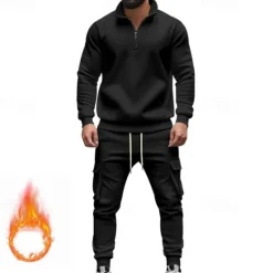 Online OUKU Men's Tracksuit Sweatsuit Quarter Zip Sweatshirt Apricot Black White Wine Red Half Zip Plain 2 Piece Sports & Outdoor Daily Holiday Polyester Streetwear Basic Casual Fall & Winter Clothing Apparel