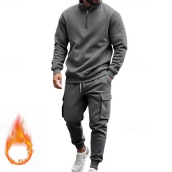 Online OUKU Men's Tracksuit Sweatsuit Quarter Zip Sweatshirt Apricot Black White Wine Red Half Zip Plain 2 Piece Sports & Outdoor Daily Holiday Polyester Streetwear Basic Casual Fall & Winter Clothing Apparel