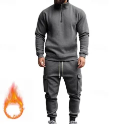 Online OUKU Men's Tracksuit Sweatsuit Quarter Zip Sweatshirt Apricot Black White Wine Red Half Zip Plain 2 Piece Sports & Outdoor Daily Holiday Polyester Streetwear Basic Casual Fall & Winter Clothing Apparel