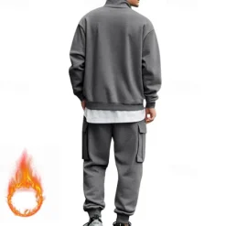Online OUKU Men's Tracksuit Sweatsuit Quarter Zip Sweatshirt Apricot Black White Wine Red Half Zip Plain 2 Piece Sports & Outdoor Daily Holiday Polyester Streetwear Basic Casual Fall & Winter Clothing Apparel