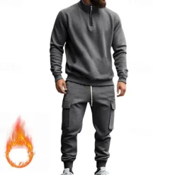 Online OUKU Men's Tracksuit Sweatsuit Quarter Zip Sweatshirt Apricot Black White Wine Red Half Zip Plain 2 Piece Sports & Outdoor Daily Holiday Polyester Streetwear Basic Casual Fall & Winter Clothing Apparel