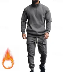 Online OUKU Men's Tracksuit Sweatsuit Quarter Zip Sweatshirt Apricot Black White Wine Red Half Zip Plain 2 Piece Sports & Outdoor Daily Holiday Polyester Streetwear Basic Casual Fall & Winter Clothing Apparel