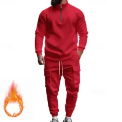 Online OUKU Men's Tracksuit Sweatsuit Quarter Zip Sweatshirt Apricot Black White Wine Red Half Zip Plain 2 Piece Sports & Outdoor Daily Holiday Polyester Streetwear Basic Casual Fall & Winter Clothing Apparel