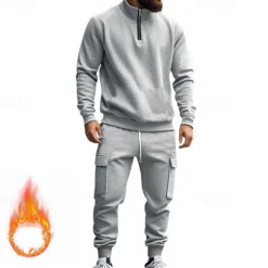 Online OUKU Men's Tracksuit Sweatsuit Quarter Zip Sweatshirt Apricot Black White Wine Red Half Zip Plain 2 Piece Sports & Outdoor Daily Holiday Polyester Streetwear Basic Casual Fall & Winter Clothing Apparel