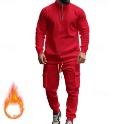 Online OUKU Men's Tracksuit Sweatsuit Quarter Zip Sweatshirt Apricot Black White Wine Red Half Zip Plain 2 Piece Sports & Outdoor Daily Holiday Polyester Streetwear Basic Casual Fall & Winter Clothing Apparel