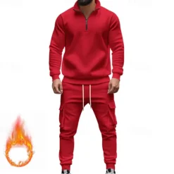 Online OUKU Men's Tracksuit Sweatsuit Quarter Zip Sweatshirt Apricot Black White Wine Red Half Zip Plain 2 Piece Sports & Outdoor Daily Holiday Polyester Streetwear Basic Casual Fall & Winter Clothing Apparel