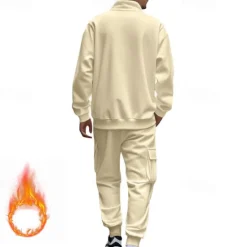 Online OUKU Men's Tracksuit Sweatsuit Quarter Zip Sweatshirt Apricot Black White Wine Red Half Zip Plain 2 Piece Sports & Outdoor Daily Holiday Polyester Streetwear Basic Casual Fall & Winter Clothing Apparel