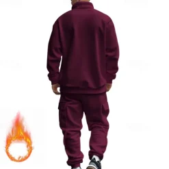 Online OUKU Men's Tracksuit Sweatsuit Quarter Zip Sweatshirt Apricot Black White Wine Red Half Zip Plain 2 Piece Sports & Outdoor Daily Holiday Polyester Streetwear Basic Casual Fall & Winter Clothing Apparel