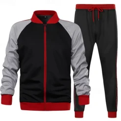 OUKU Men's Tracksuit Sweatsuit Full Zip Sweatshirt Black Army Green Standing Collar Color Block Patchwork 2 Piece Sports & Outdoor Daily Holiday Streetwear Basic Casual Spring & Fall Clothing Apparel
