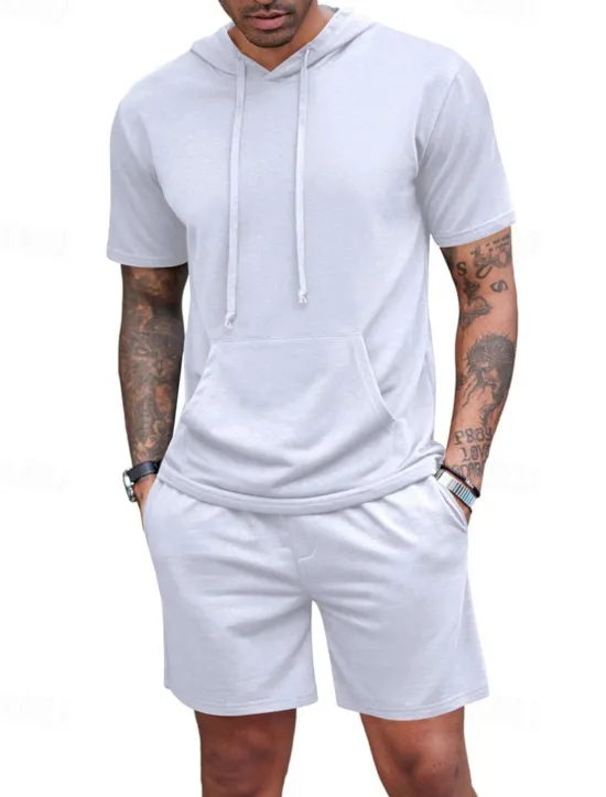 Outlet OUKU Men's Tracksuit T shirt & Shorts Outfit Set Hoodie Outdoor Daily Sports Pocket Drawstring Plain Wine Red Black White Polyester Activewear Streetwear Lightweight Summer