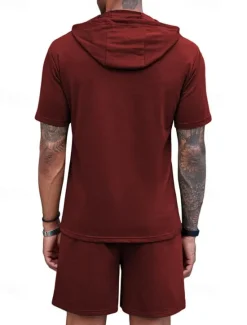 Outlet OUKU Men's Tracksuit T shirt & Shorts Outfit Set Hoodie Outdoor Daily Sports Pocket Drawstring Plain Wine Red Black White Polyester Activewear Streetwear Lightweight Summer