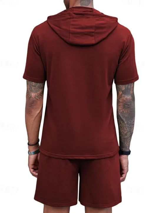 Outlet OUKU Men's Tracksuit T shirt & Shorts Outfit Set Hoodie Outdoor Daily Sports Pocket Drawstring Plain Wine Red Black White Polyester Activewear Streetwear Lightweight Summer