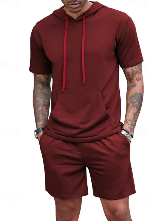 Outlet OUKU Men's Tracksuit T shirt & Shorts Outfit Set Hoodie Outdoor Daily Sports Pocket Drawstring Plain Wine Red Black White Polyester Activewear Streetwear Lightweight Summer