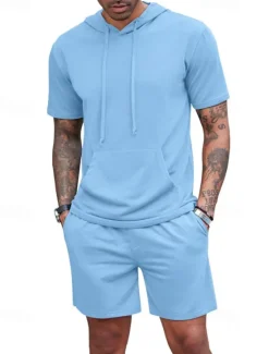 Outlet OUKU Men's Tracksuit T shirt & Shorts Outfit Set Hoodie Outdoor Daily Sports Pocket Drawstring Plain Wine Red Black White Polyester Activewear Streetwear Lightweight Summer