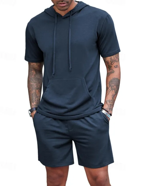 Outlet OUKU Men's Tracksuit T shirt & Shorts Outfit Set Hoodie Outdoor Daily Sports Pocket Drawstring Plain Wine Red Black White Polyester Activewear Streetwear Lightweight Summer
