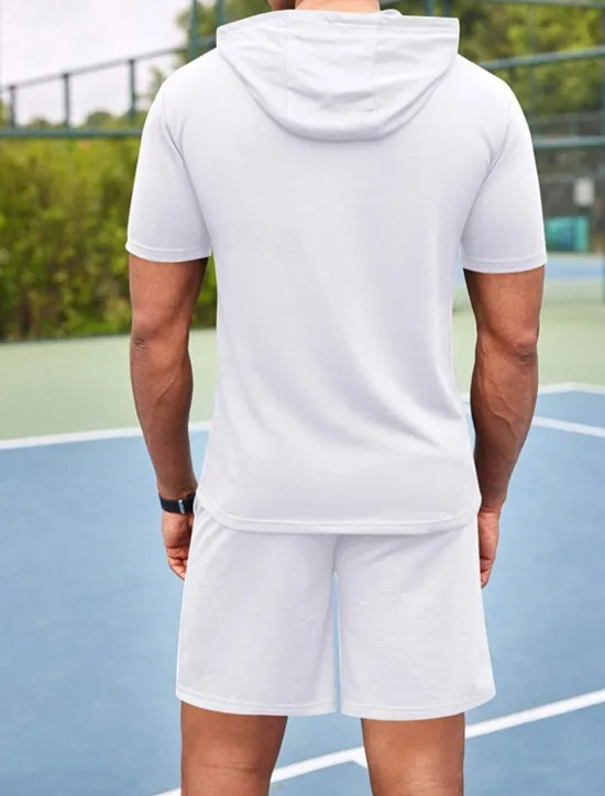 Outlet OUKU Men's Tracksuit T shirt & Shorts Outfit Set Hoodie Outdoor Daily Sports Pocket Drawstring Plain Wine Red Black White Polyester Activewear Streetwear Lightweight Summer
