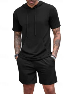 Outlet OUKU Men's Tracksuit T shirt & Shorts Outfit Set Hoodie Outdoor Daily Sports Pocket Drawstring Plain Wine Red Black White Polyester Activewear Streetwear Lightweight Summer