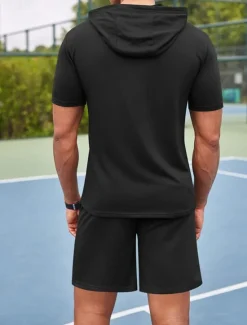 Outlet OUKU Men's Tracksuit T shirt & Shorts Outfit Set Hoodie Outdoor Daily Sports Pocket Drawstring Plain Wine Red Black White Polyester Activewear Streetwear Lightweight Summer