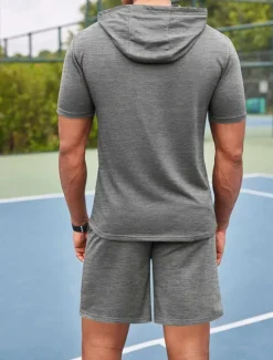 Outlet OUKU Men's Tracksuit T shirt & Shorts Outfit Set Hoodie Outdoor Daily Sports Pocket Drawstring Plain Wine Red Black White Polyester Activewear Streetwear Lightweight Summer