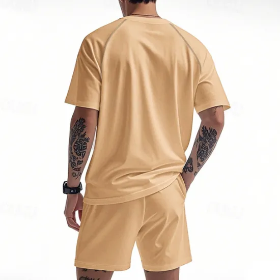 OUKU Men's Tracksuit T shirt & Shorts Outfit Set Crew Neck Outdoor Daily Sports Pocket Drawstring Plain Black Brown Light Grey Polyester Activewear Streetwear Lightweight Summer
