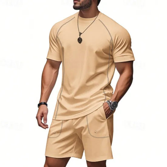 OUKU Men's Tracksuit T shirt & Shorts Outfit Set Crew Neck Outdoor Daily Sports Pocket Drawstring Plain Black Brown Light Grey Polyester Activewear Streetwear Lightweight Summer