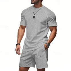 OUKU Men's Tracksuit T shirt & Shorts Outfit Set Crew Neck Outdoor Daily Sports Pocket Drawstring Plain Black Brown Light Grey Polyester Activewear Streetwear Lightweight Summer