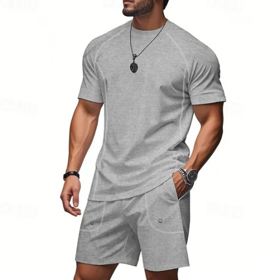 OUKU Men's Tracksuit T shirt & Shorts Outfit Set Crew Neck Outdoor Daily Sports Pocket Drawstring Plain Black Brown Light Grey Polyester Activewear Streetwear Lightweight Summer
