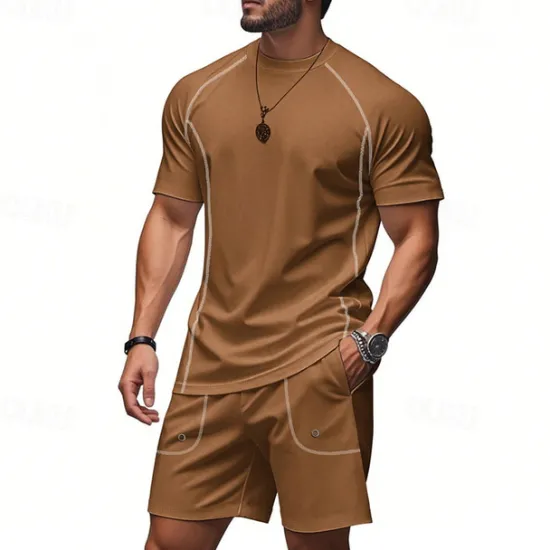 OUKU Men's Tracksuit T shirt & Shorts Outfit Set Crew Neck Outdoor Daily Sports Pocket Drawstring Plain Black Brown Light Grey Polyester Activewear Streetwear Lightweight Summer