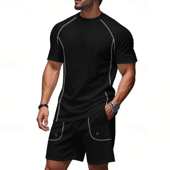 OUKU Men's Tracksuit T shirt & Shorts Outfit Set Crew Neck Outdoor Daily Sports Pocket Drawstring Plain Black Brown Light Grey Polyester Activewear Streetwear Lightweight Summer