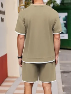 Online OUKU Men's Tracksuit T shirt & Shorts Outfit Set Crew Neck Outdoor Daily Sports Pocket Drawstring Patchwork Wine Red Black White Polyester Activewear Streetwear Lightweight Summer