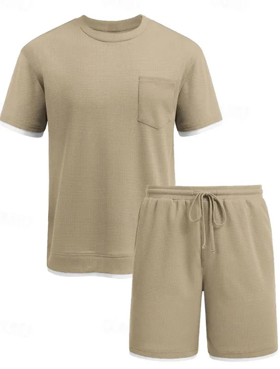 Online OUKU Men's Tracksuit T shirt & Shorts Outfit Set Crew Neck Outdoor Daily Sports Pocket Drawstring Patchwork Wine Red Black White Polyester Activewear Streetwear Lightweight Summer