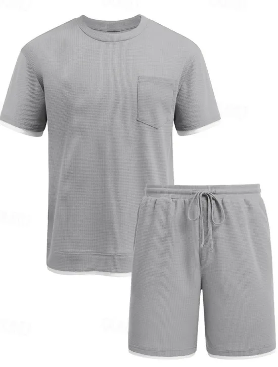 Online OUKU Men's Tracksuit T shirt & Shorts Outfit Set Crew Neck Outdoor Daily Sports Pocket Drawstring Patchwork Wine Red Black White Polyester Activewear Streetwear Lightweight Summer