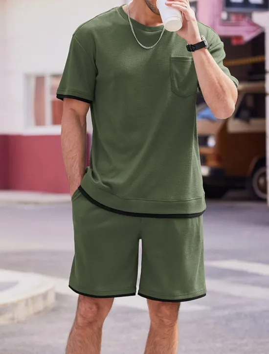 Online OUKU Men's Tracksuit T shirt & Shorts Outfit Set Crew Neck Outdoor Daily Sports Pocket Drawstring Patchwork Wine Red Black White Polyester Activewear Streetwear Lightweight Summer