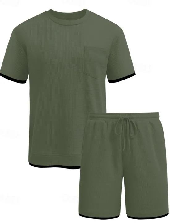 Online OUKU Men's Tracksuit T shirt & Shorts Outfit Set Crew Neck Outdoor Daily Sports Pocket Drawstring Patchwork Wine Red Black White Polyester Activewear Streetwear Lightweight Summer