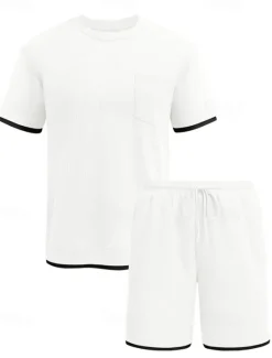 Online OUKU Men's Tracksuit T shirt & Shorts Outfit Set Crew Neck Outdoor Daily Sports Pocket Drawstring Patchwork Wine Red Black White Polyester Activewear Streetwear Lightweight Summer